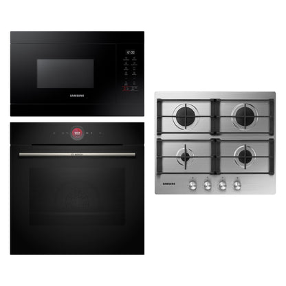 Combo Bosch + Samsung: Horno Serie 8 HBG724AB1 con Airfry + Microondas Samsung Negro + Anafe a Gas Samsung Acero