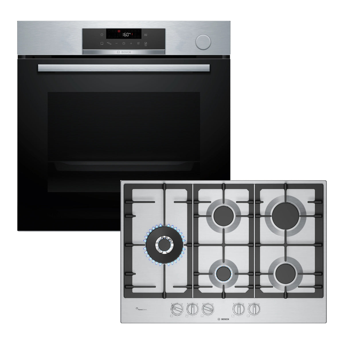 Combo Bosch Acero: Horno Serie 4 con Vapor y Airfry HRG572ES3 + Anafe a Gas 75 cm 5 Hornallas PCS7A5I90