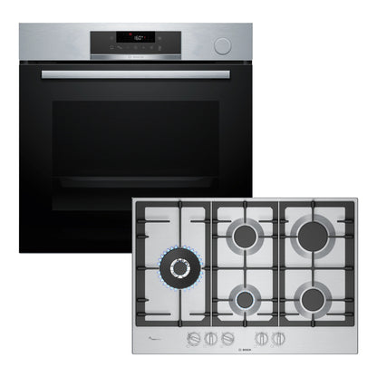 Combo Bosch Acero: Horno Serie 4 con Vapor y Airfry HRG572ES3 + Anafe a Gas 75 cm 5 Hornallas PCS7A5I90
