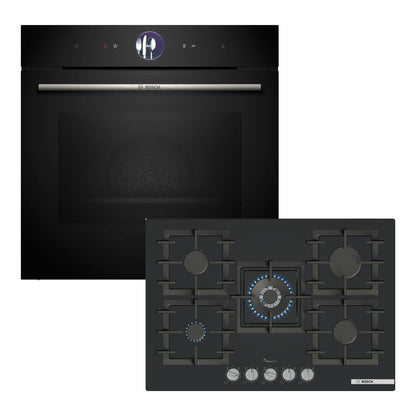Combo Bosch: Horno Serie 8 HRG7361B1 con Vapor y Airfry + Anafe a Gas 75 cm 5 Hornallas PPQ7A6I40 Vidrio Negro