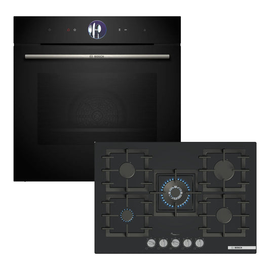 Combo Bosch: Horno Serie 8 HRG7361B1 con Vapor y Airfry + Anafe a Gas 75 cm 5 Hornallas PPQ7A6I40 Vidrio Negro