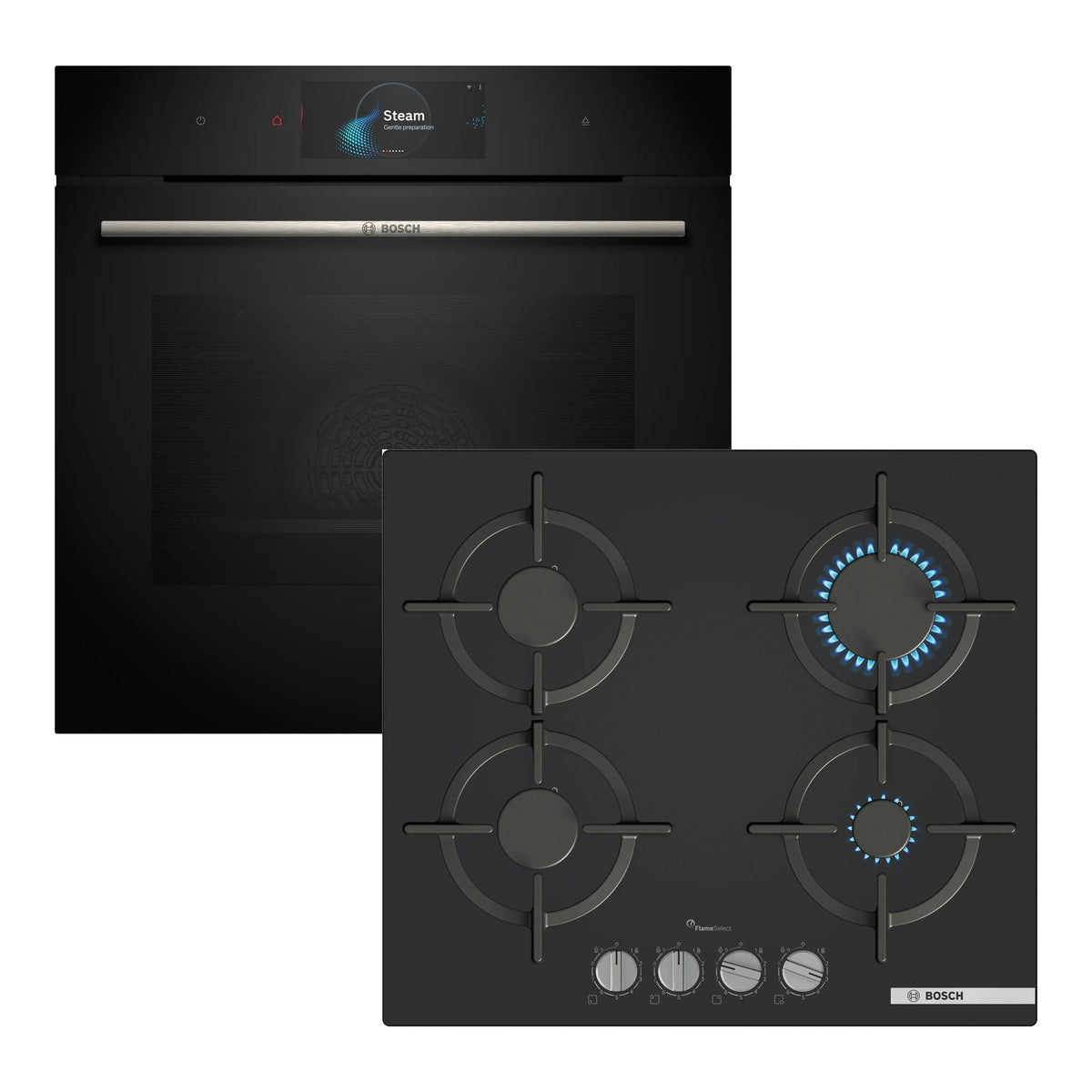 Combo Bosch Serie 8 Negro: Horno HRG7784B1 con Vapor y Pirólisis + Anafe a Gas Vidrio Negro PPP6A6I10