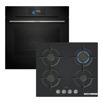 Combo Bosch Serie 8 Negro: Horno HRG7784B1 con Vapor y Pirólisis + Anafe a Gas Vidrio Negro PPP6A6I10