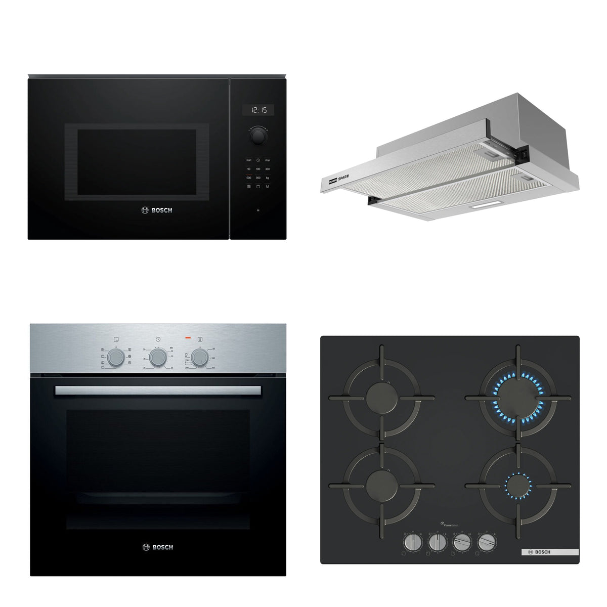 Combo Cocina Completa Bosch Serie 2: Horno HBF011BR0 + Microondas Serie 6 Negro + Anafe a Gas Vidrio Negro + Campana de Empotrar Franke Flexa Lite 60 cm