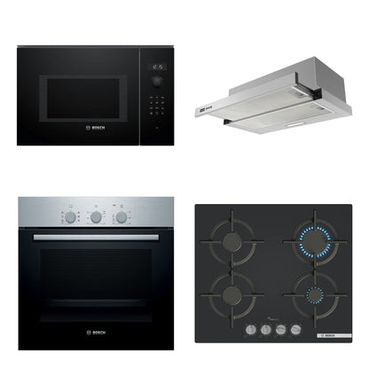 Combo Cocina Completa Bosch Serie 2: Horno HBF011BR0 + Microondas Serie 6 Negro + Anafe a Gas Vidrio Negro + Campana de Empotrar Franke Flexa Lite 60 cm