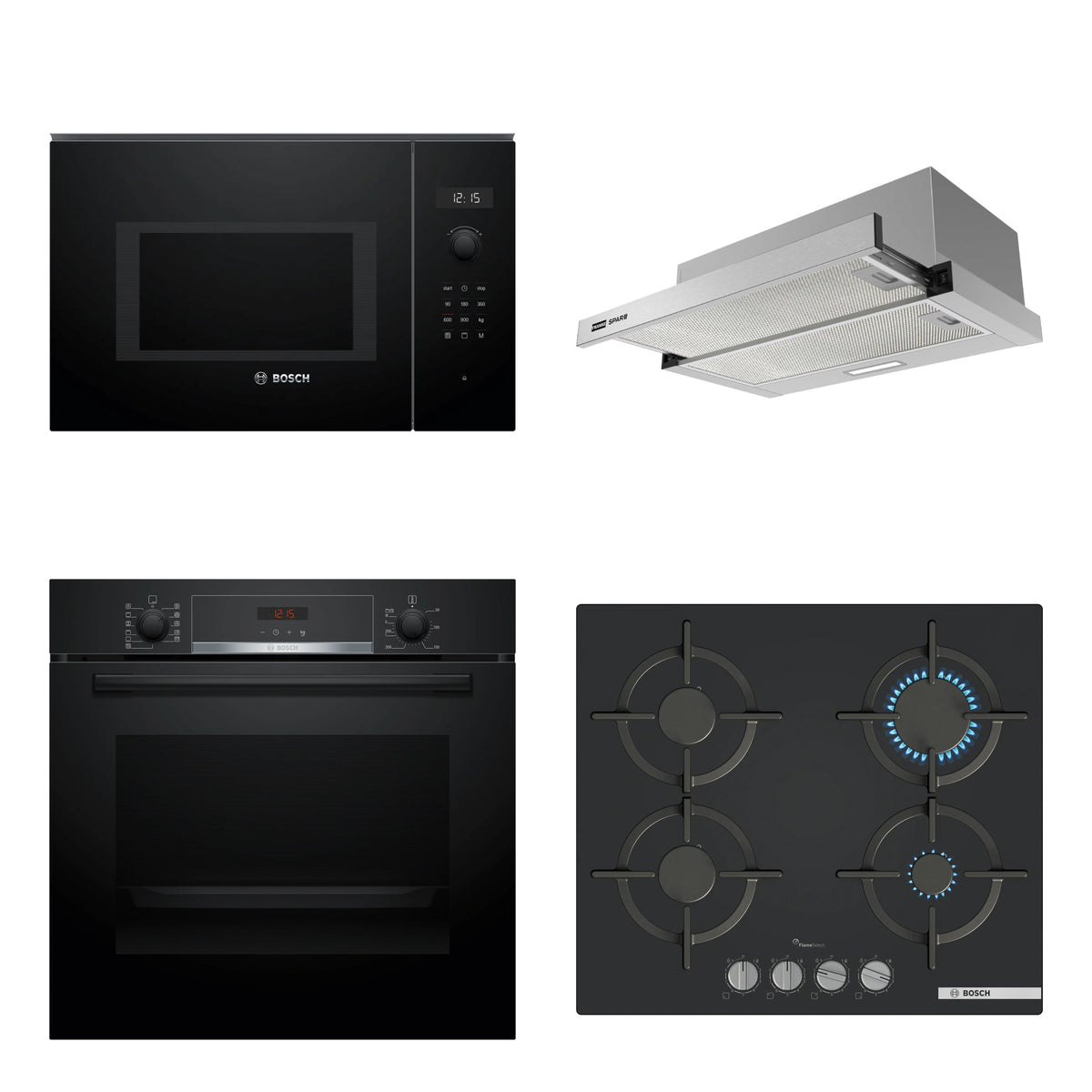 Combo Cocina Completa Bosch Serie 4 Negra: Horno Pirolítico HBA574BB3 + Microondas Serie 6 + Anafe a Gas Vidrio Negro + Campana de Empotrar Franke Flexa Lite 60 cm