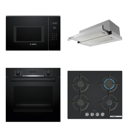 Combo Cocina Completa Bosch Serie 4 Negra: Horno Pirolítico HBA574BB3 + Microondas Serie 6 + Anafe a Gas Vidrio Negro + Campana de Empotrar Franke Flexa Lite 60 cm