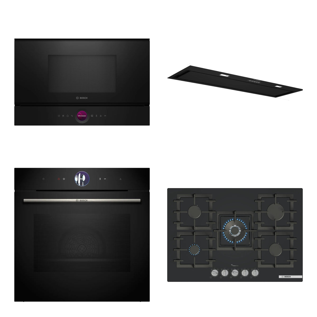 Combo Cocina Completa Bosch Serie 8 Negra: Horno con Vapor HRG7361B1 + Microondas BEL7321B1 + Anafe a Gas 75 cm PPQ7A6I40 + Campana Integrada DLN88PC60