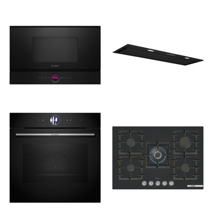 Combo Cocina Completa Bosch Serie 8 Negra: Horno con Vapor HRG7361B1 + Microondas BEL7321B1 + Anafe a Gas 75 cm PPQ7A6I40 + Campana Integrada DLN88PC60
