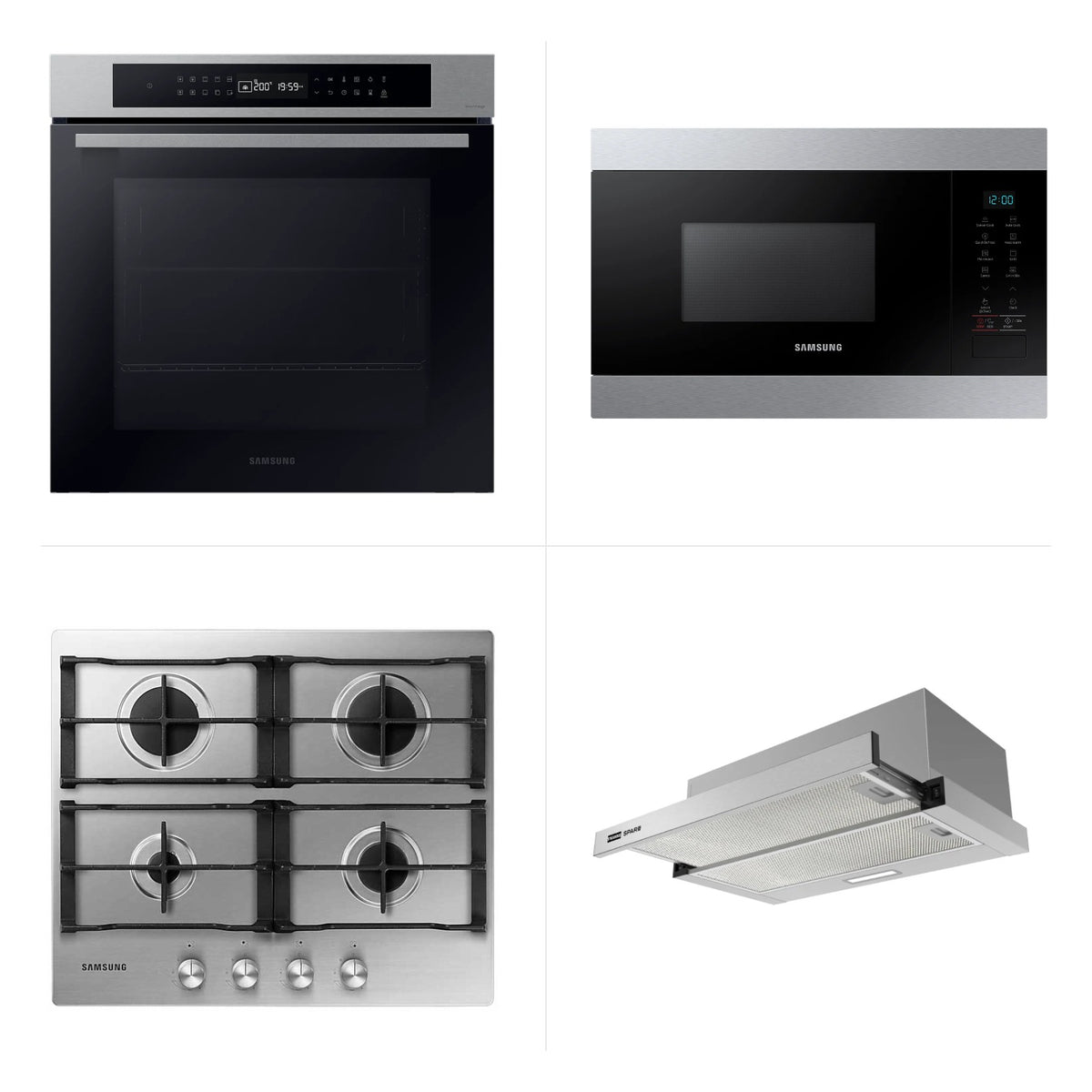 Combo cocina completa en acero: horno Samsung con vapor, microondas empotrable, anafe a gas y campana Franke Flexa Lite 60 cm