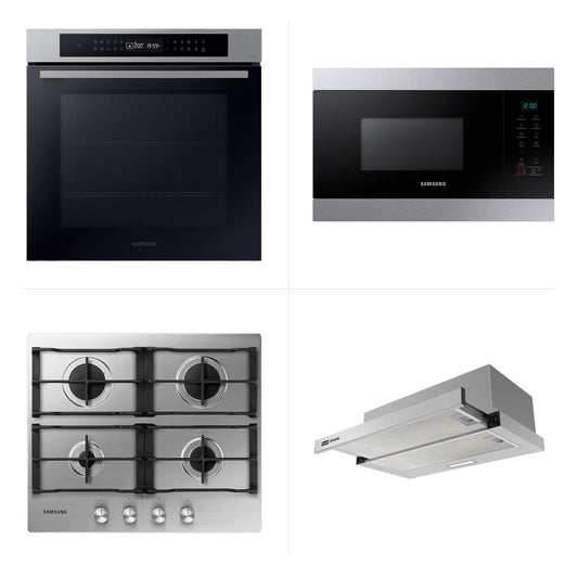 Combo cocina completa en acero: horno Samsung con vapor, microondas empotrable, anafe a gas y campana Franke Flexa Lite 60 cm