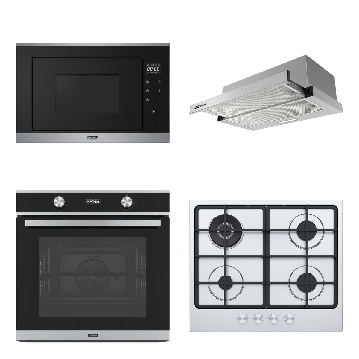 Combo Cocina Completa Franke: Horno FSM 86 H XS + Microondas con Grill + Anafe a Gas 4 Hornallas + Campana de Empotrar Flexa Lite 60 cm