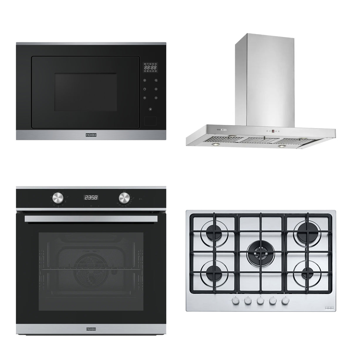 Combo Cocina Completa Franke 75 cm: Horno FSM 86 H XS + Microondas con Grill + Anafe a Gas 5 Hornallas + Campana de Pared Stilo PRO 90 cm