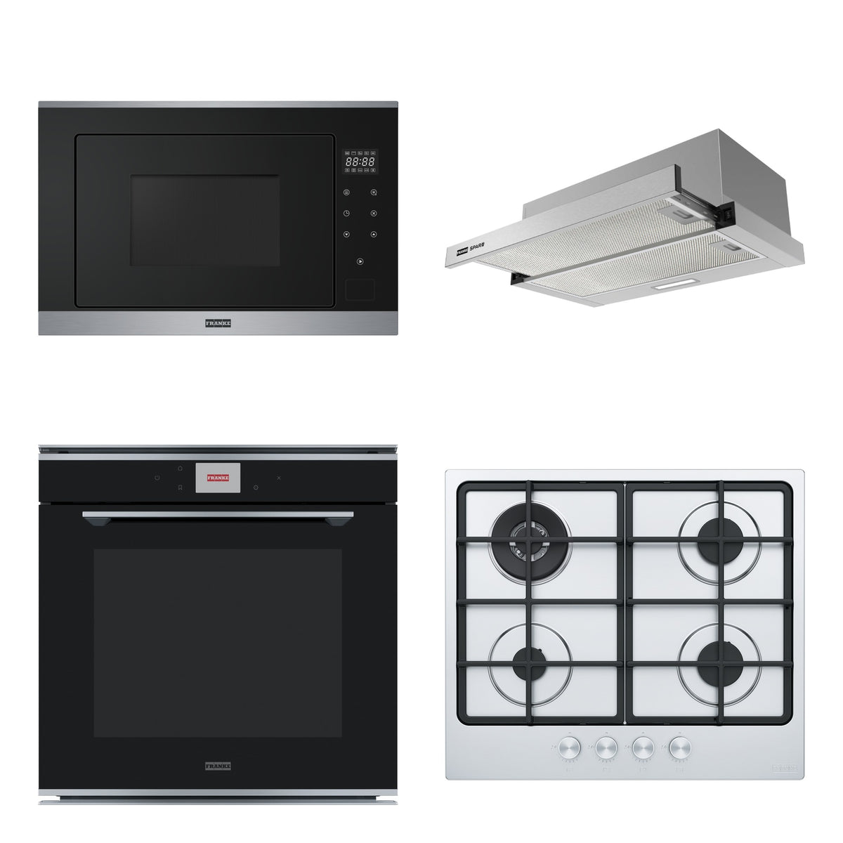 Combo Cocina Completa Franke Mythos: Horno Pirolítico + Microondas con Grill + Anafe a Gas 4 Hornallas + Campana de Empotrar Flexa Lite 60 cm