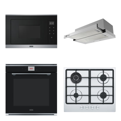 Combo Cocina Completa Franke Mythos: Horno Pirolítico + Microondas con Grill + Anafe a Gas 4 Hornallas + Campana de Empotrar Flexa Lite 60 cm