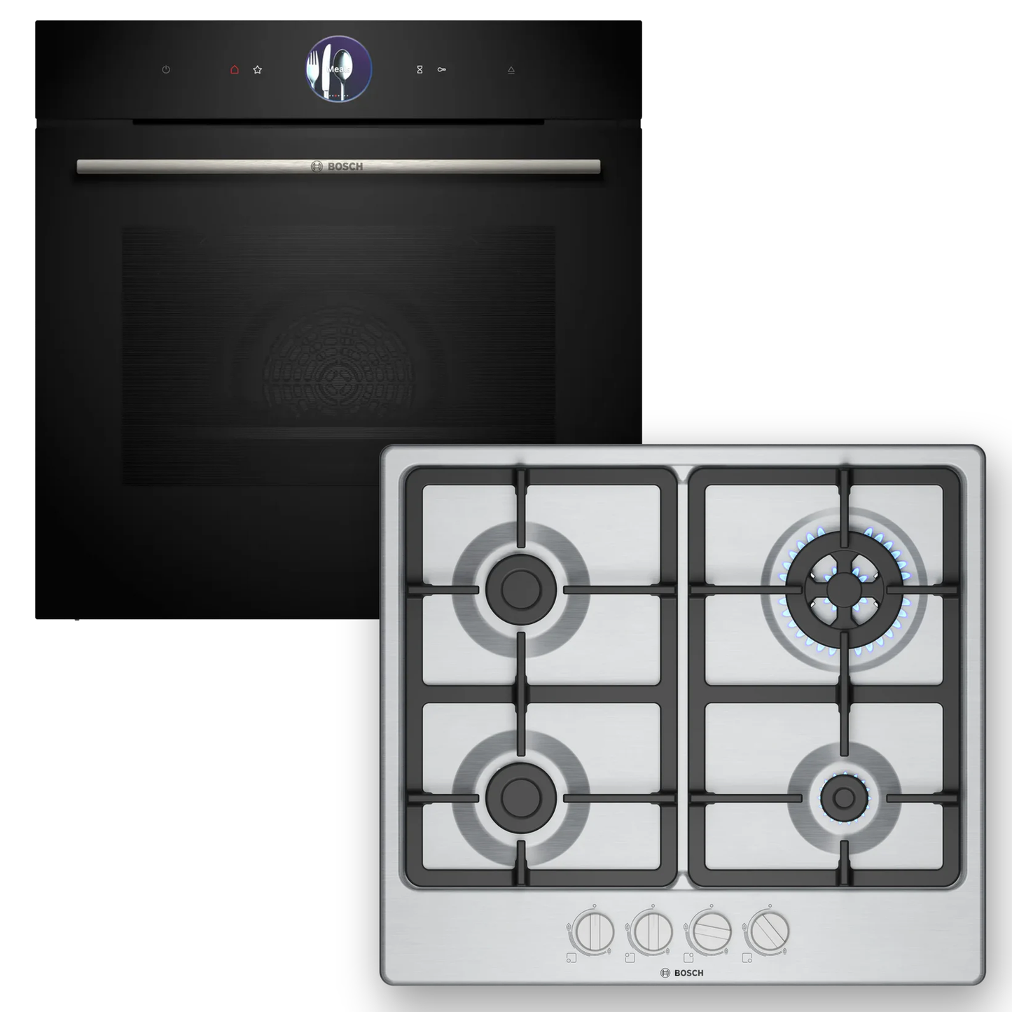 Combo Bosch: Horno Serie 8 HRG7361B1 con Vapor y Airfry + Anafe a Gas Serie 4 PGH6B5K90 Inox