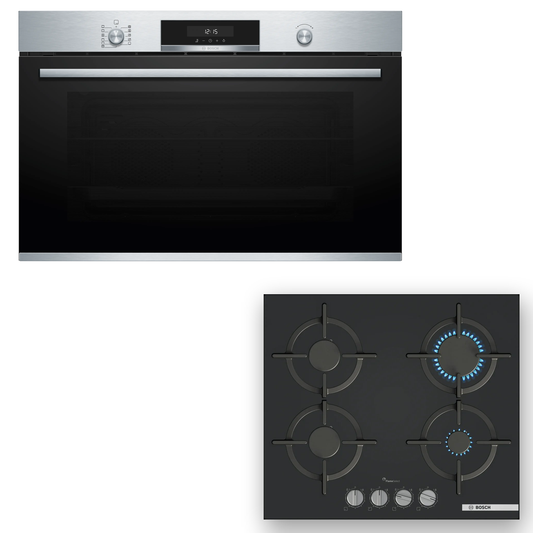 Combo Bosch: Horno 90cm Serie 6 VBD5780S0 + Anafe a Gas Serie 6 PPP6A6I10 Vidrio Negro