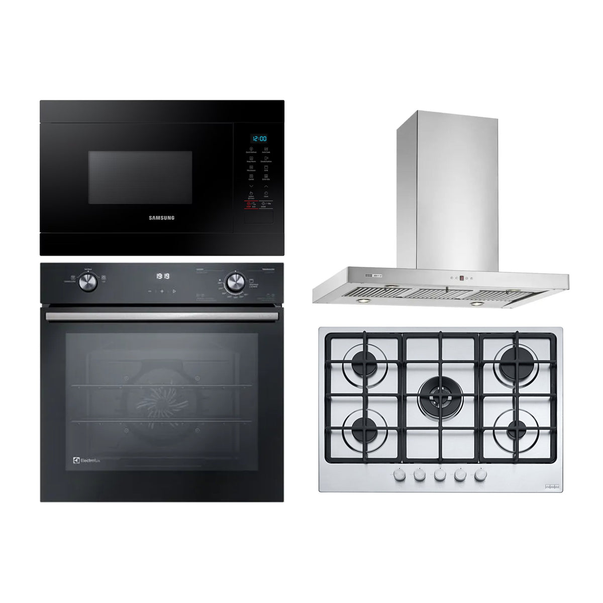 Combo Cocina Completa a Gas: Horno Electrolux 80L + Microondas Samsung Negro + Anafe Franke 5 Hornallas 75 cm + Campana Franke Stilo PRO 90 cm