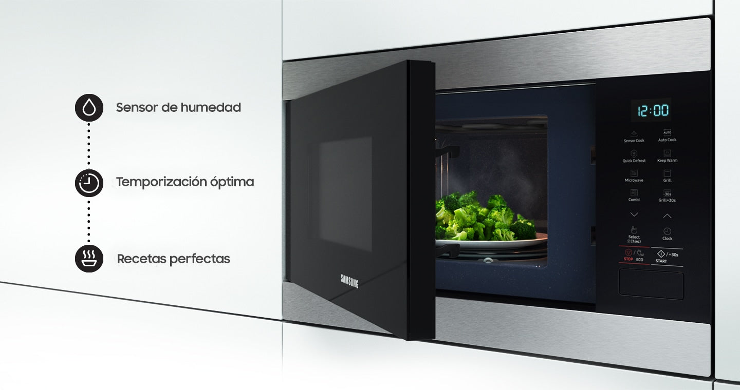 Combo Samsung horno microondas torre y anafe vidrio negro sobre mesada cocina