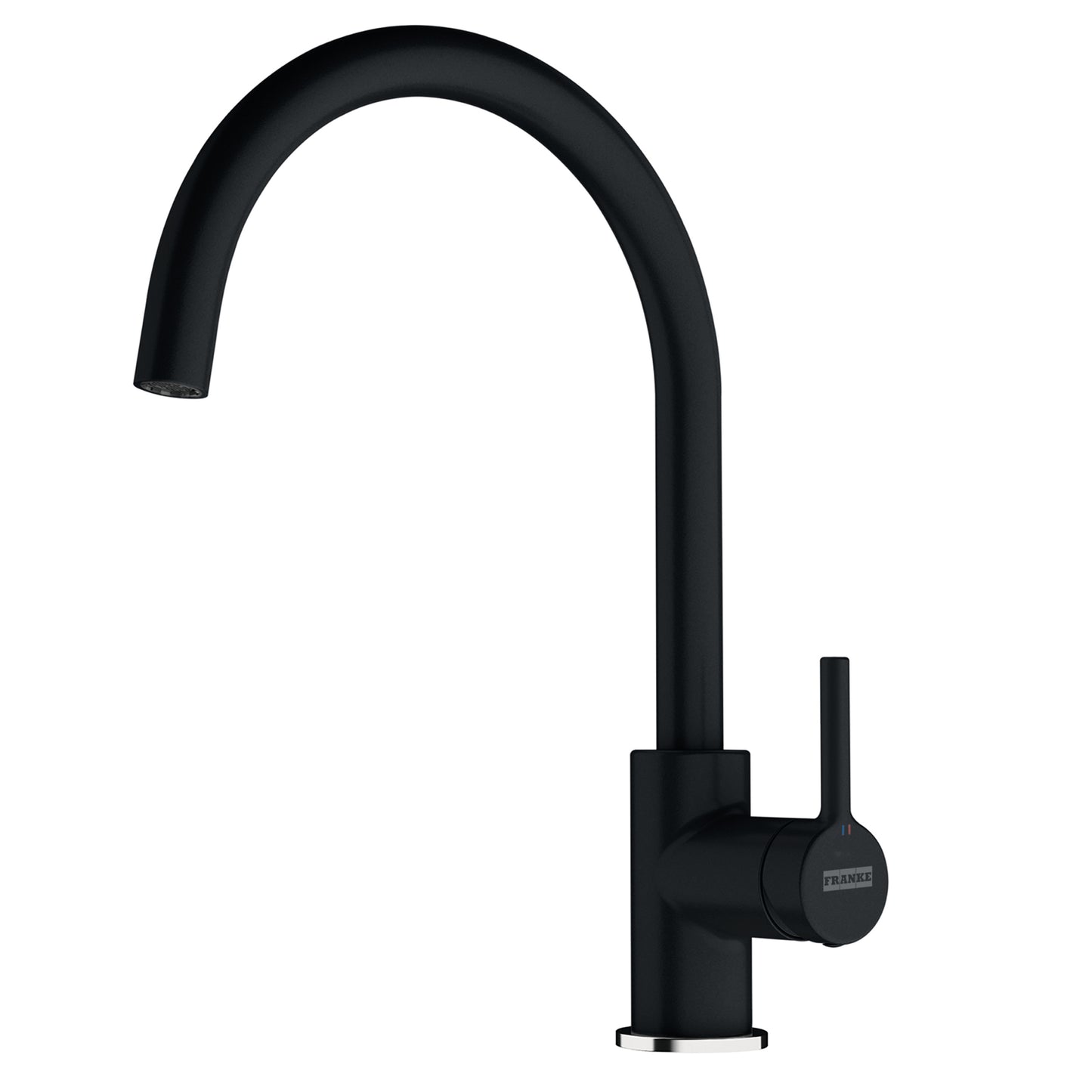 Vista frontal del grifo de cocina Franke Mythos Masterpiece (referencia 115.0711.554) con acabado PVD antracita sobre un fondo blanco aislado. Muestra su diseño de caño alto en forma de J y el monomando lateral.