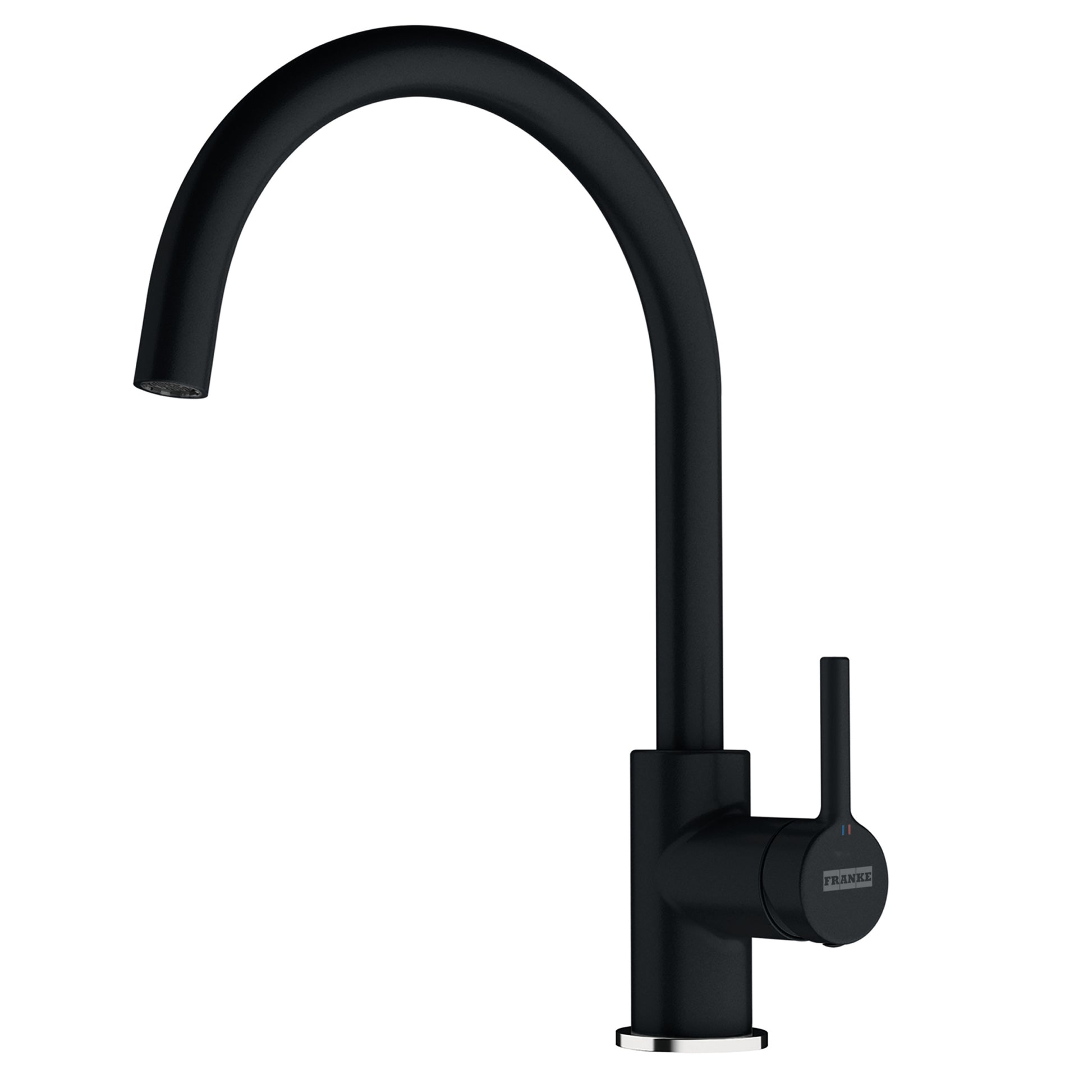 Vista frontal del grifo de cocina Franke Mythos Masterpiece (referencia 115.0711.554) con acabado PVD antracita sobre un fondo blanco aislado. Muestra su diseño de caño alto en forma de J y el monomando lateral.