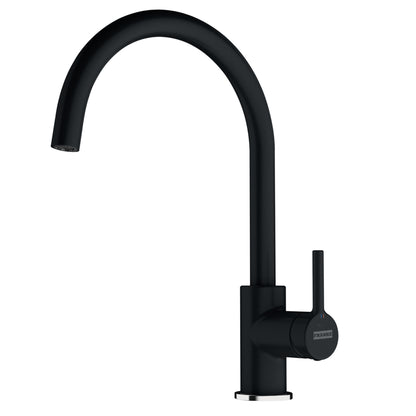 Vista frontal del grifo de cocina Franke Mythos Masterpiece (referencia 115.0711.554) con acabado PVD antracita sobre un fondo blanco aislado. Muestra su diseño de caño alto en forma de J y el monomando lateral.