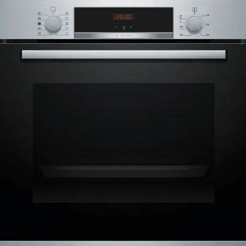 Horno integrable Bosch HBA512BR0 Serie 4 en acero inoxidable y cristal negro, vista frontal con mandos giratorios y display LED
