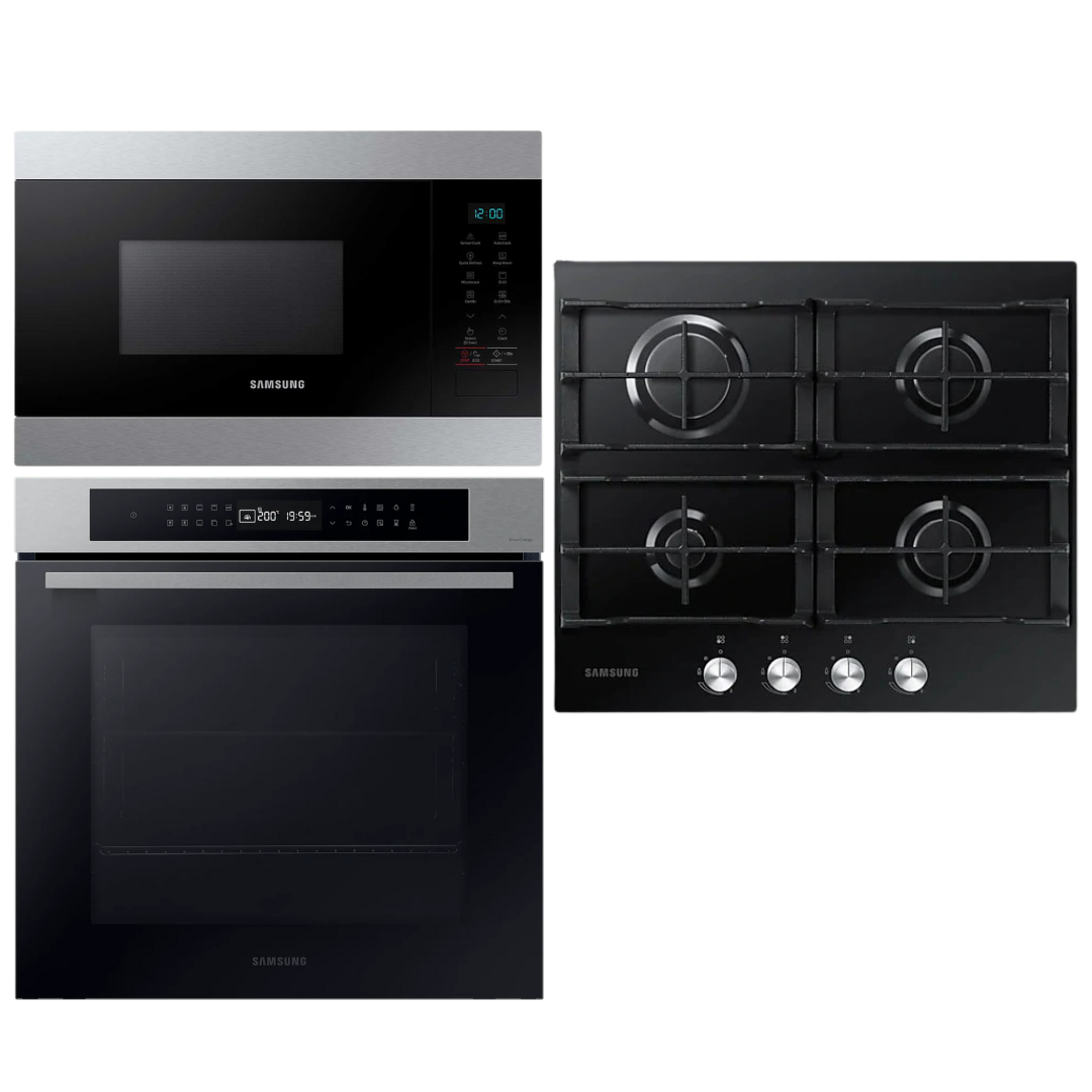 Combo Samsung horno microondas torre y anafe vidrio negro sobre mesada cocina