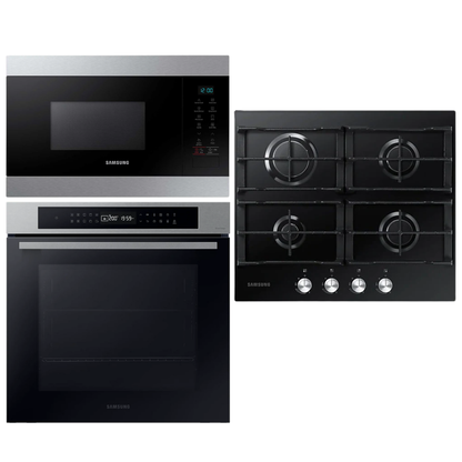 Combo Samsung horno microondas torre y anafe vidrio negro sobre mesada cocina