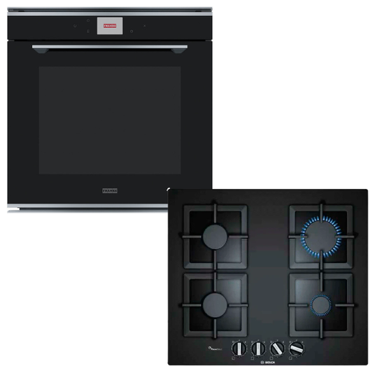 Horno empotrable negro con anafe a gas de 4 hornallas vidrio templado Bosch Franke