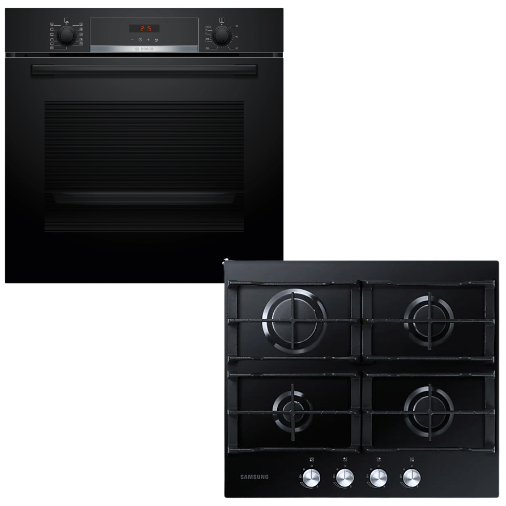 Horno pirolítico Bosch negro empotrado con anafe a gas Samsung negro en cocina moderna