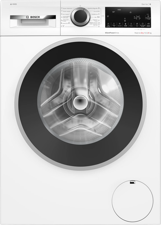 Lavadora-secadora Bosch WNG244A0ES Serie 6 de 10.5 kg lavado y 6 kg secado, 1400 RPM, vista frontal