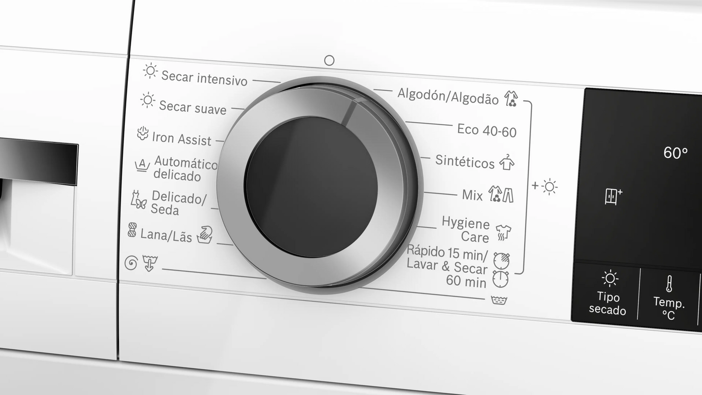 Detalle del panel de control digital del lavasecarropas Bosch WNG244A0ES