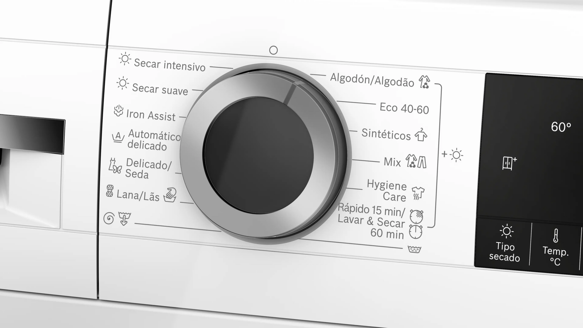 Detalle del panel de control digital del lavasecarropas Bosch WNG244A0ES