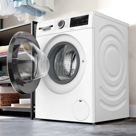 Lavasecarropas Bosch WNG244A0ES en perspectiva con diseño blanco minimalista