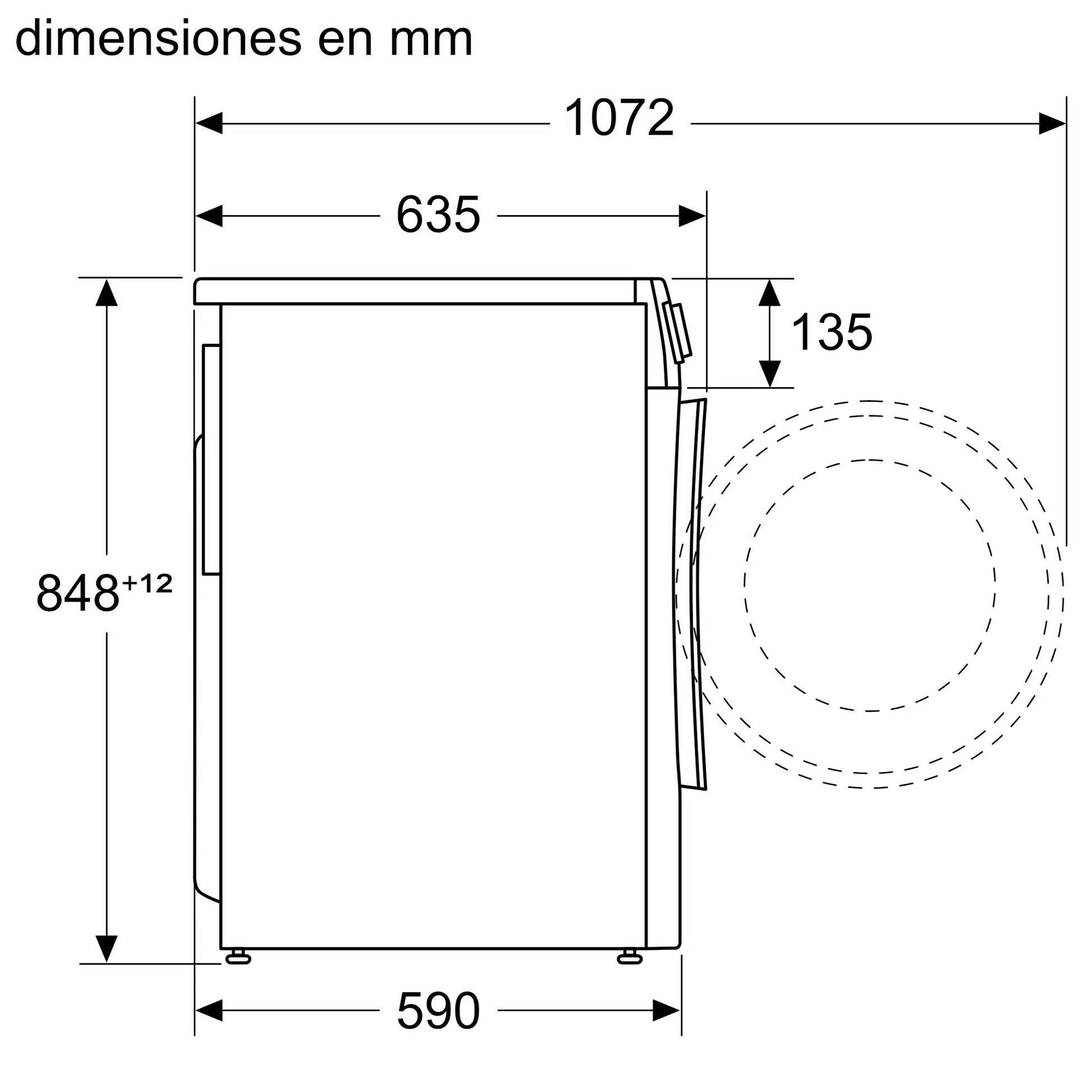 Vista lateral técnica con dimensiones del lavasecarropas Bosch WNG244A0ES