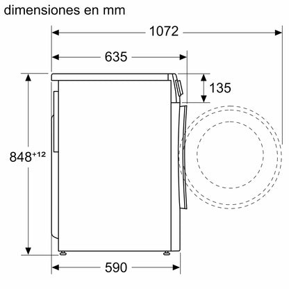 Vista lateral técnica con dimensiones del lavasecarropas Bosch WNG244A0ES
