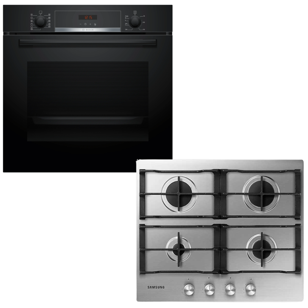 Horno pirolítico Bosch negro empotrado junto a anafe Samsung acero inoxidable