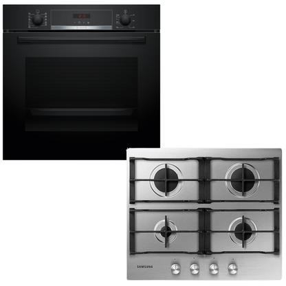 Horno pirolítico Bosch negro empotrado junto a anafe Samsung acero inoxidable