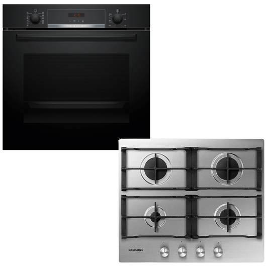 Horno pirolítico Bosch negro empotrado junto a anafe Samsung acero inoxidable