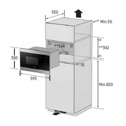 Combo Samsung horno microondas torre y anafe vidrio negro sobre mesada cocina