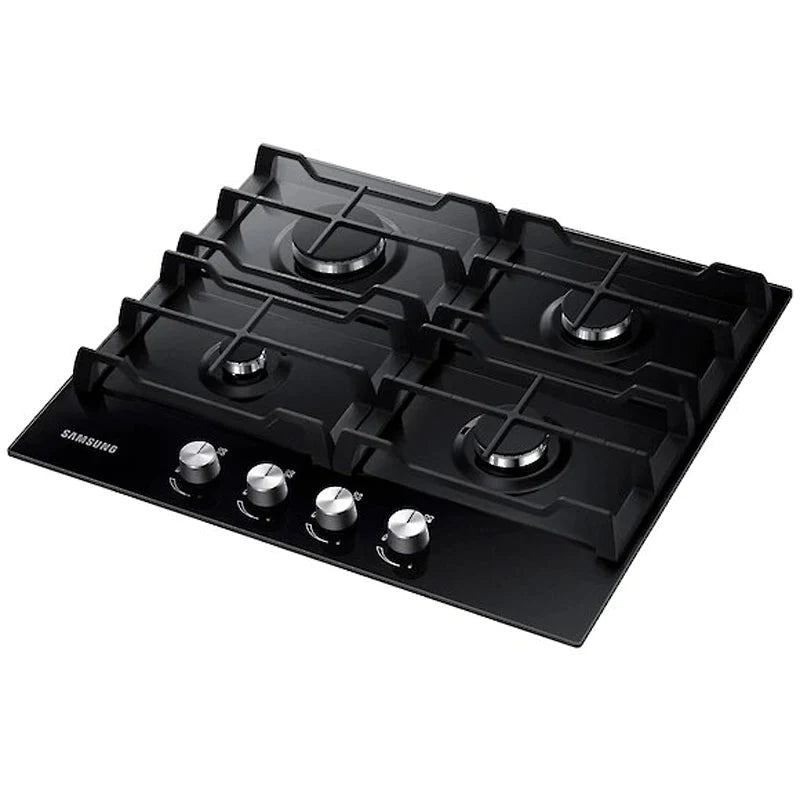 Combo Samsung horno microondas torre y anafe vidrio negro sobre mesada cocina