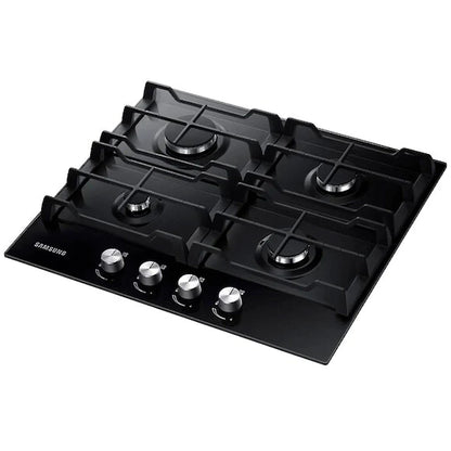 Combo Samsung horno microondas torre y anafe vidrio negro sobre mesada cocina